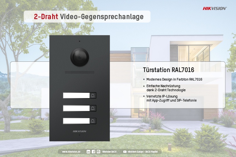 2-Draht Video-Gegensprechanlage: Türstation RAL7016 ©Hikvision