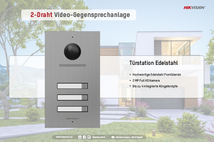 2-Draht Video-Gegensprechanlage: Türstation Edelstahl ©Hikvision