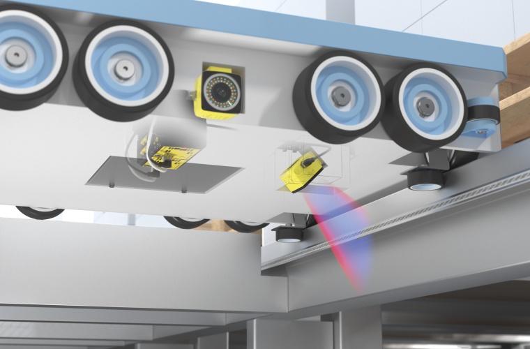 SafePKV/PUS System von Pepperl und Fuchs auf der Unterseite eines Shuttle Systems für die Lagerfördertechnik