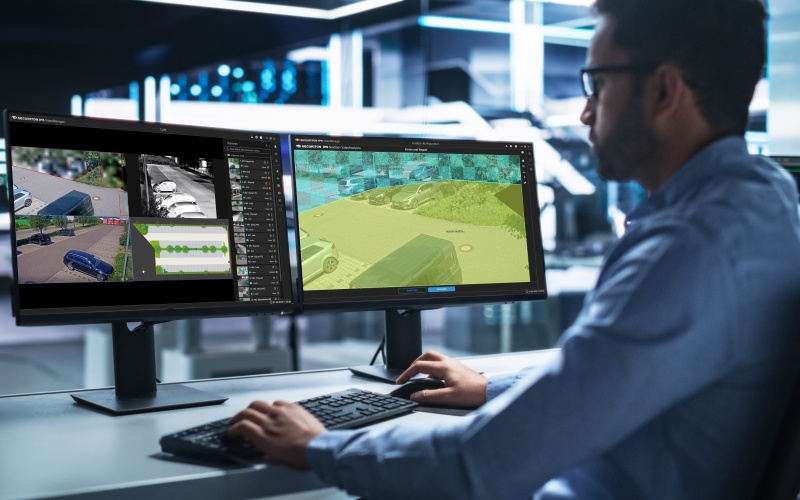Ein Mann sitzt an einem Schreibtisch und arbeitet an zwei Monitoren. Der linke Bildschirm zeigt Luftaufnahmen und Diagramme, der rechte eine 3D-Visualisierung einer Landschaft