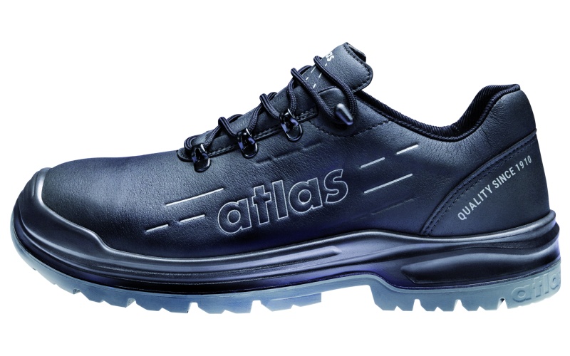 Schwarze Atlas Sicherheitsschuhe in seitlicher Ansicht, verschiedene Modelle mit robuster Sohle und Schnür  bzw. BOA Verschluss