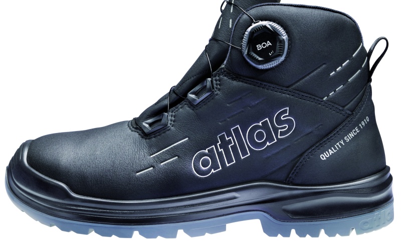 Schwarze Atlas Sicherheitsschuhe in seitlicher Ansicht, verschiedene Modelle mit robuster Sohle und Schnür  bzw. BOA Verschluss