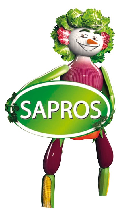 Maskottchen mit Logo des Gemüsespezialisten Sapros