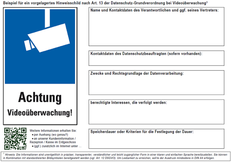 Beispiel für ein Hinweisschild, Muster der Datenschutzbeauftragten der Länder