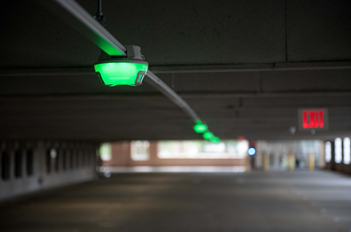 Green and red LED lights on the smart sensors indicate to parkers at Wind Creek...