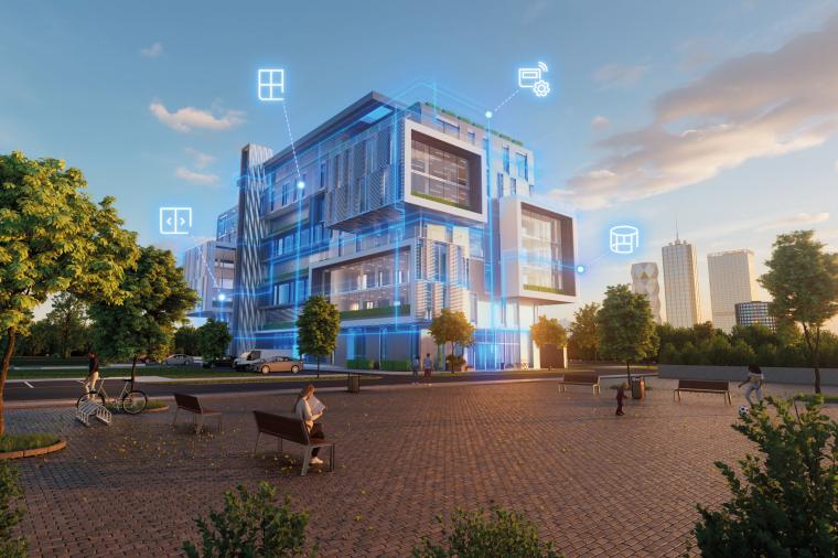 Modernes, mehrstöckiges Gebäude mit blau-weißer Fassade auf einem offenen...