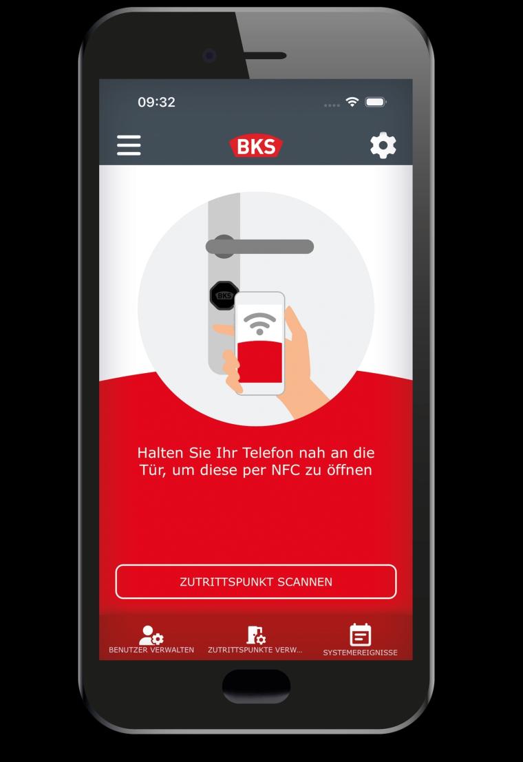 Smartphone mit geöffneter BKS-App; Grafik zeigt NFC-Zutritt per Handy an Tür,...