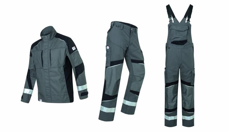 Schutzjacke, -hose und -latzhose in grau mit Reflexstreifen vor weißem...