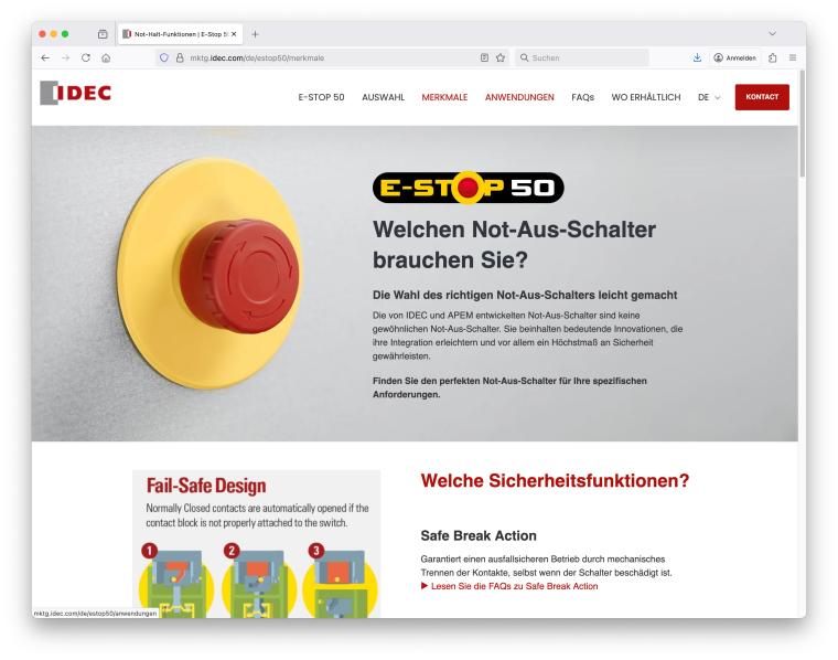Screenshot der Onlineplattform zur Auswahl verschiedener Not-Aus-Schalter