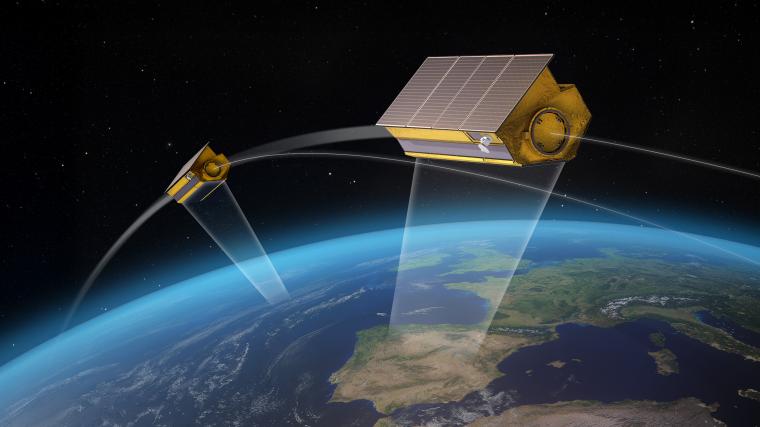 Zwei gelbe Satelliten senden Lichtstrahlen zur Erde. Zu sehen sind Europa,...