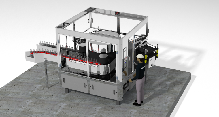 Industrielle Abfüllmaschine mit transparentem Gehäuse, Flaschen auf einem...