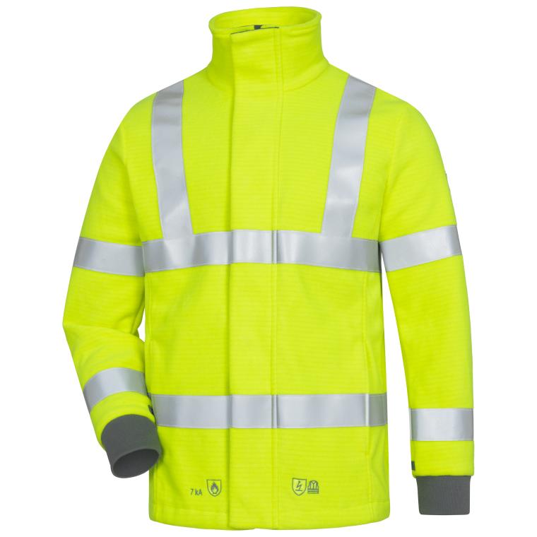 Leuchtgelbe Fleecejacke mit Reflexstreifen, stehend fotografiert, Vorderseite...