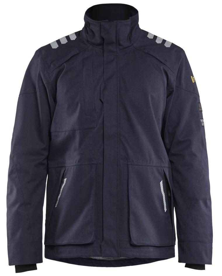 Dunkelblaue Arbeitsjacke mit hohem Kragen und reflektierenden Streifen auf...