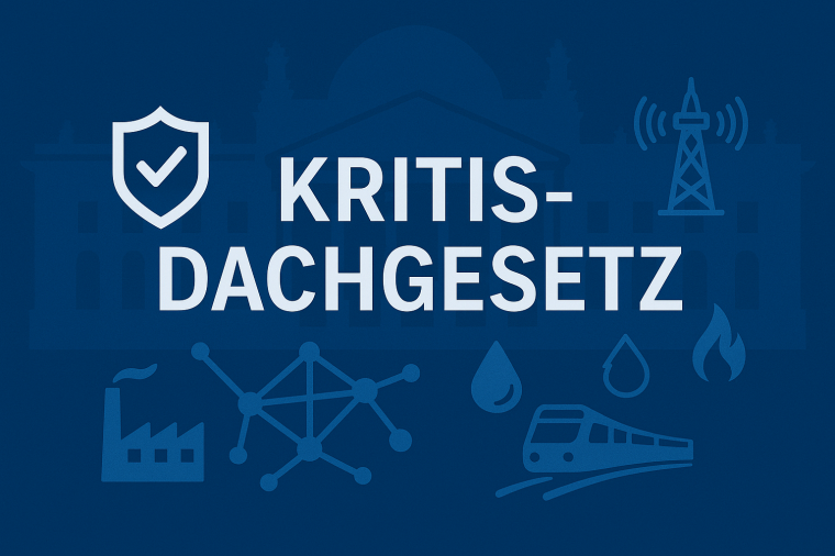 Grafik mit Schriftzug „KRITIS‑Dachgesetz“, Schutzschild und Symbolen für...