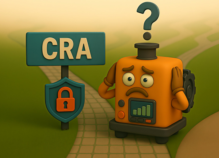 3D Illustration einer verunsicherten Maschinenfigur neben einem CRA Schild und...