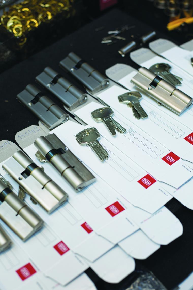 Close-up of cylinder locks and matching keys arranged on documents,...