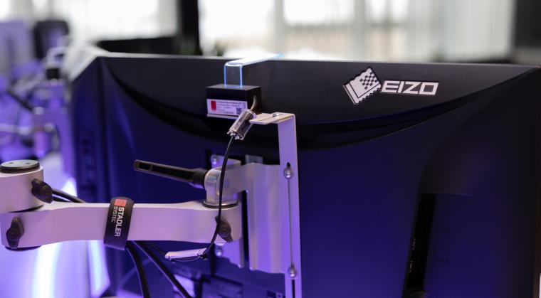 Rear view of a monitor with Eizo lettering—and a swiveling mounting arm