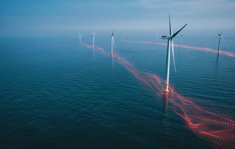 Offshore wind farm on a calm sea with multiple wind turbines; red digital lines...