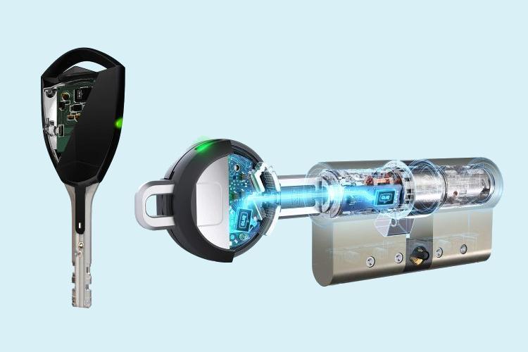 Cutaway view of electronic key and cylinder showing encrypted digital access...