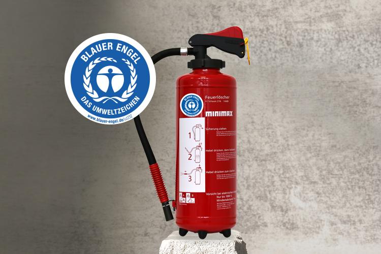 tragbarer Feuerlöscher von Minimax mit Blauer Engel Logo