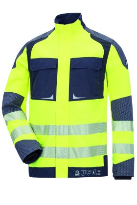 Eine Multinormschutzjacke in High-vis gelb und mit Reflektoren von HB Protective Wear