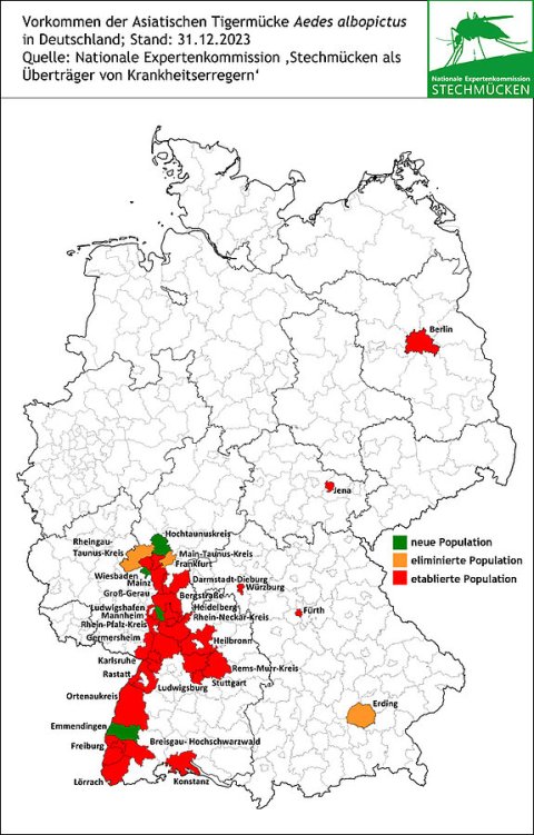 Karte mit dem Verbreitungsgebiet der Tigermücke in Deutschland stand 2023