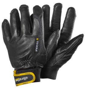 Schwarze Lederhandschuhe mit gelber Tegera-Lasche und Aufschrift ‚Vibrations‘