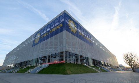 A three-quarter view of the Merkur Spiel Arena in Dusseldorf