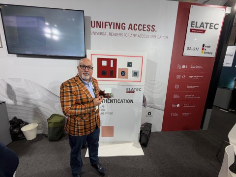 Jason Ouellette of Elatec demonstrates the company's RFID readers at Intersec 2026