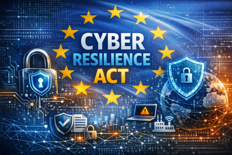 Grafik zur EU-Cyberresilienz: EU-Sterne um den Schriftzug „Cyber Resilience Act“, umgeben von Symbolen für Cybersicherheit wie Schlössern, Schutzschilden, Netzwerkverbindungen und digitaler Infrastruktur.