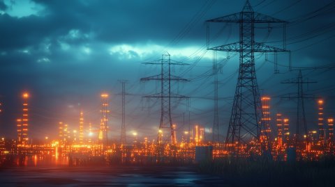 Electricity grid infrastructure at dusk, highlighting the critical importance of protecting power transmission and distribution systems